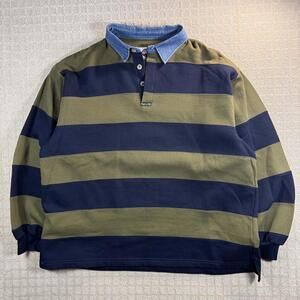 Vintage Striped Rugby Shirt XL Denim Collar 90s